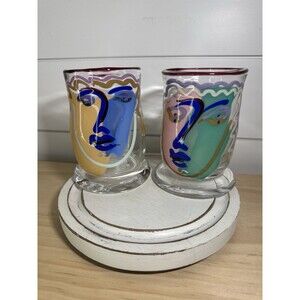 William Katherine Bernstein 1991 Signed Face Mugs Set 2 Abstract Art Blown Glass